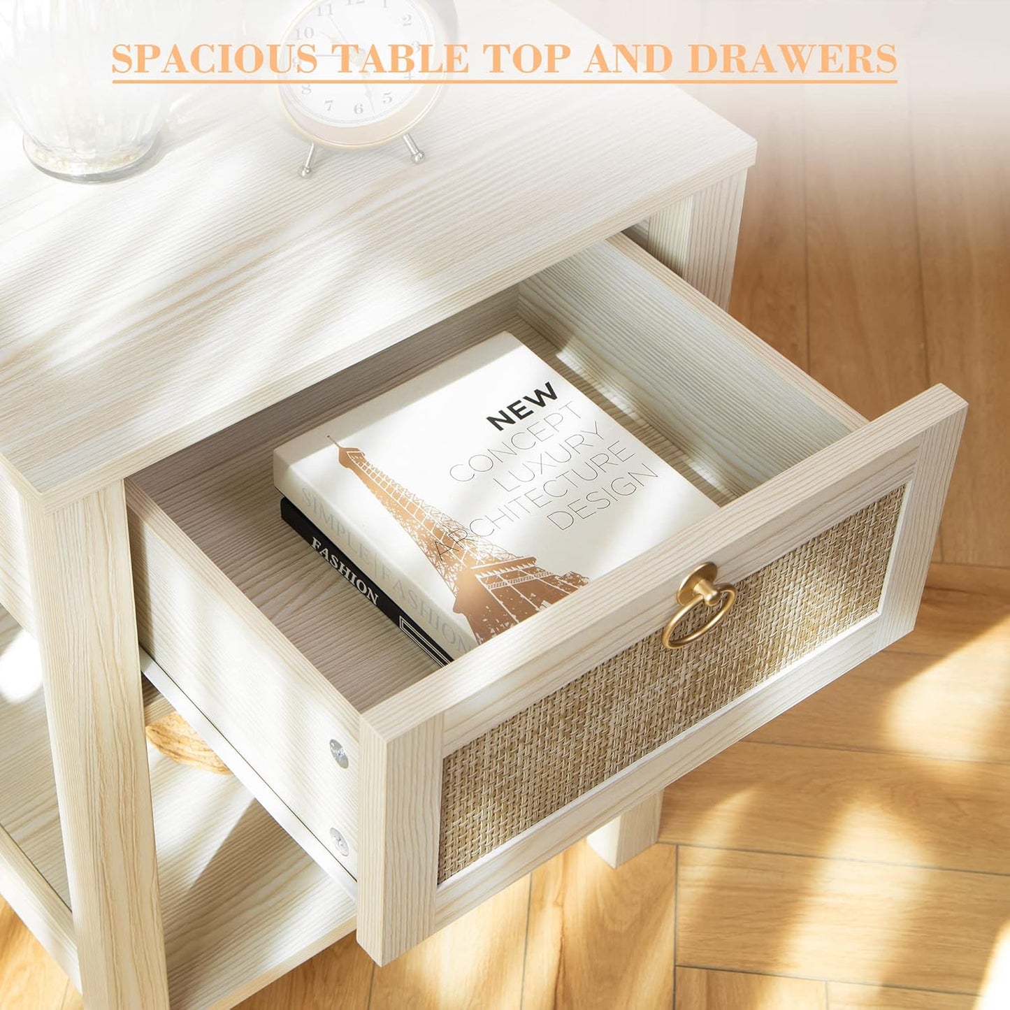 SICOTAS White Nightstand Set of 2,Rattan Decor Drawer with Brass Knobs Night Stand Wood Bedside Table Boho End Tables Side Tables with Storage Shelf