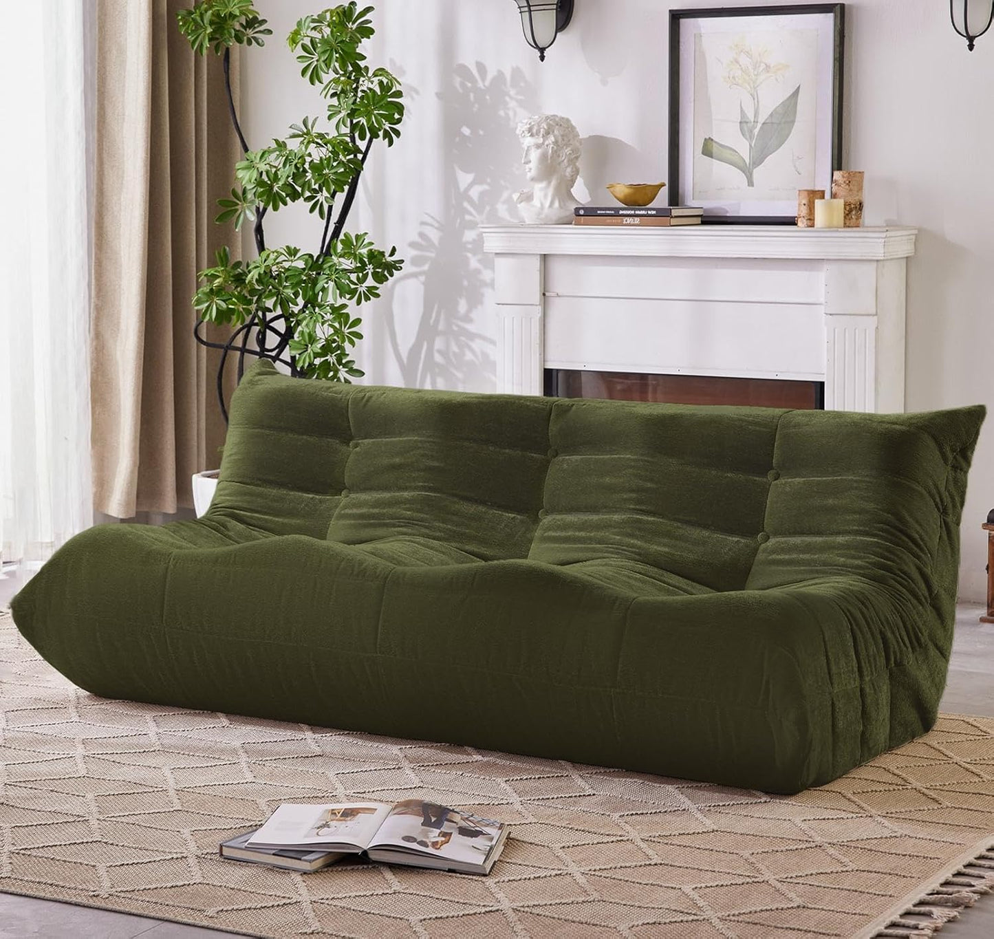 Bean Bag Chair, 3 Seater Fireside Chair Large Bean Bag Sofa for Adults, Memory Foam Chair Gaming Chairs with Comfy Design & Soft Fabric, Lazy Floor Sofa for Living Room, Bedroom, Olive Green