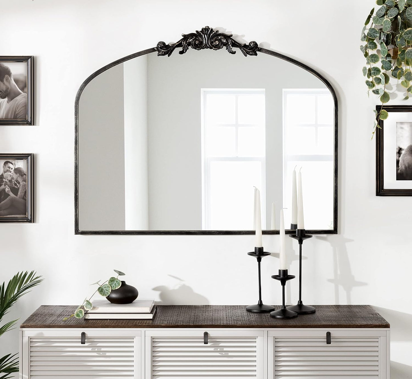 Kate and Laurel Arendahl Ornate Traditional Arched Mirror; 36 x 29; Black; Decorative Baroque Style Arched Wall Mirror with Wide Frame and Ornamental Crown