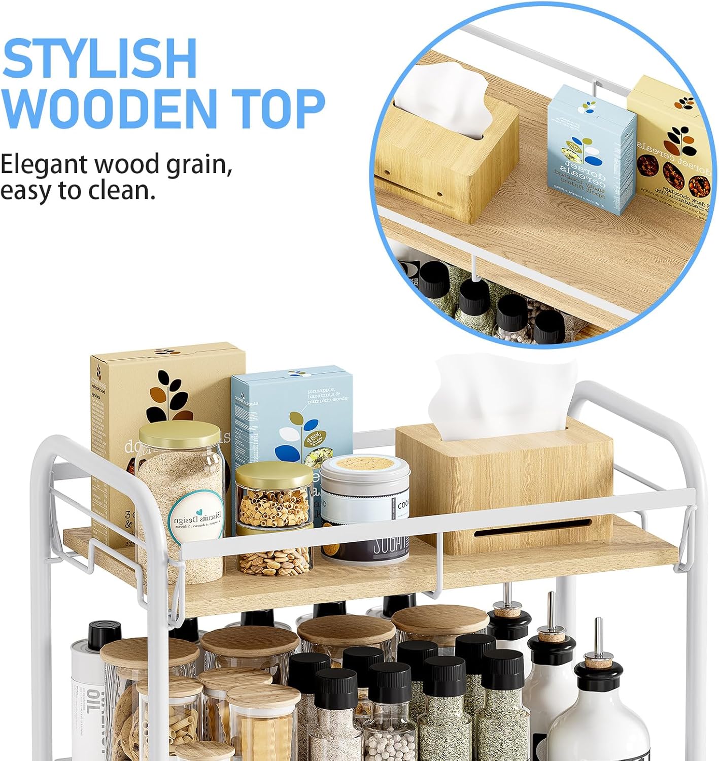 KINGRACK Metal Wide Rolling Cart, 4-Tier Metal Utility Cart, Storage Cart with Wooden Tabletop, for Laundry Bathroom Kitchen Room Bedroom Apartments Dormitory (Pure White, Wide)