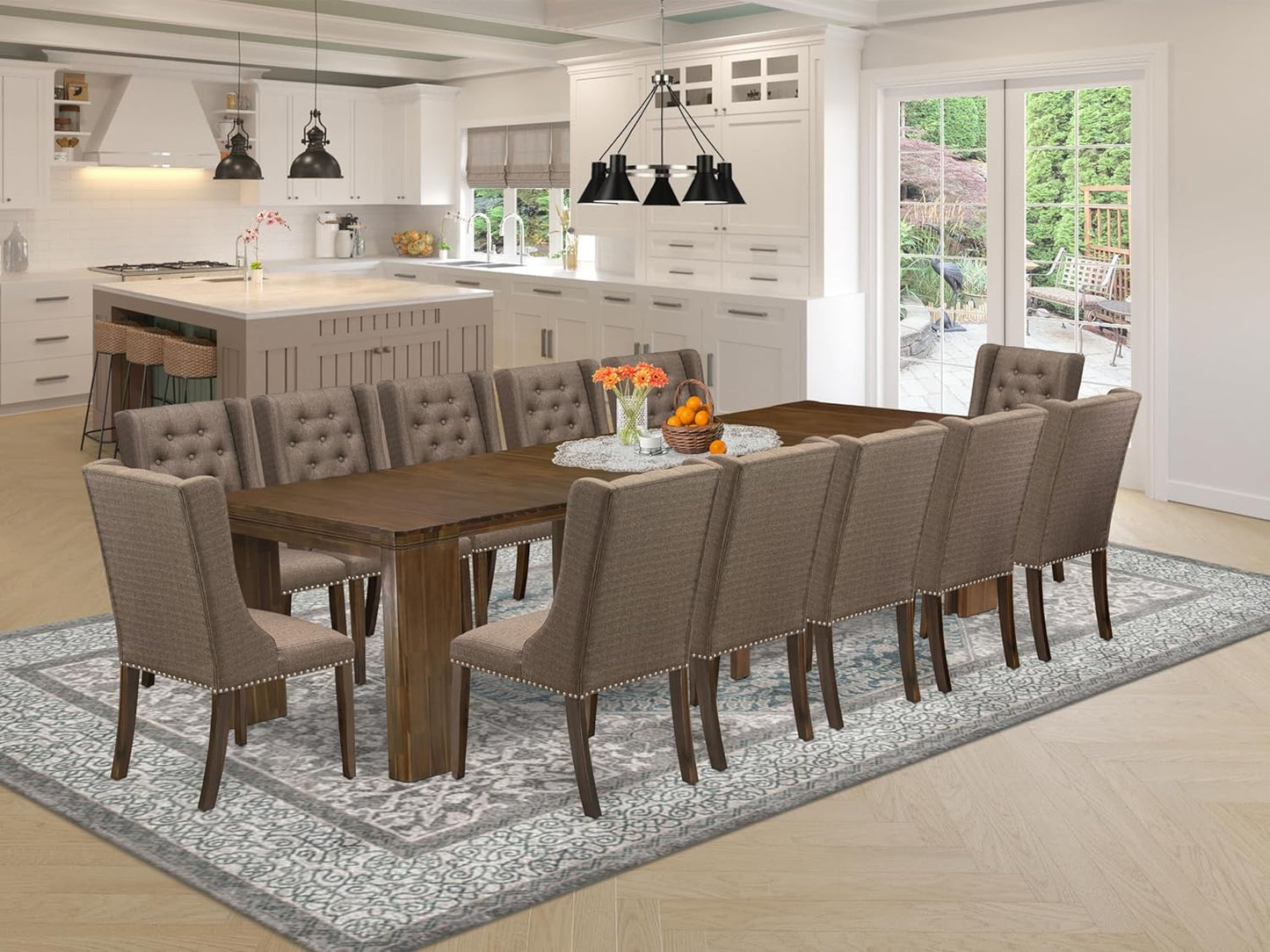 X12FO-008-18 - 13 Pieces Mid Century Dining Set includes an Extendable Rectangle Kitchen Table and 12 Dining Chairs, 39x120 Inch, Antique Walnut