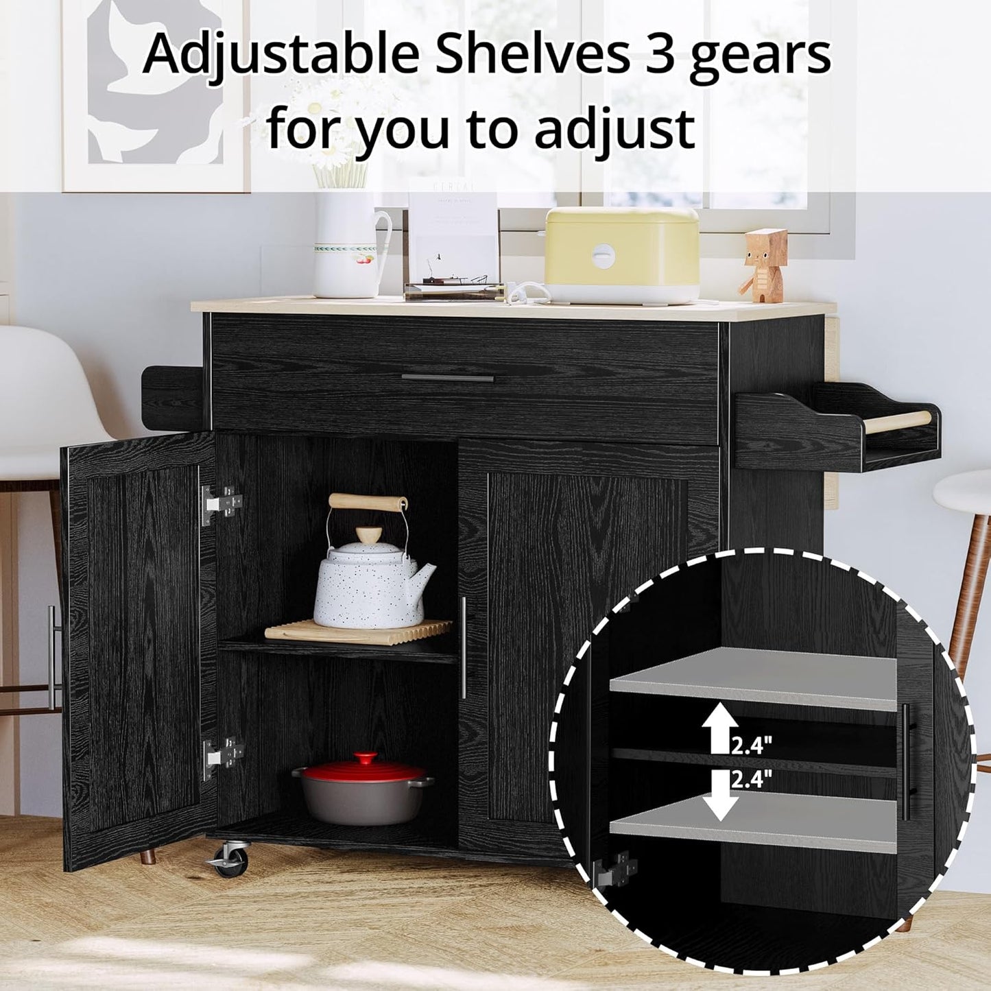 IRONCK Kitchen Island with Storage, Rolling Kitchen Island on Wheels with Drop Leaf, Charging Station, 3 Open Spice Rack, Cabinet, Drawer, Kitchen Cart Island Table for Kitchen, Black