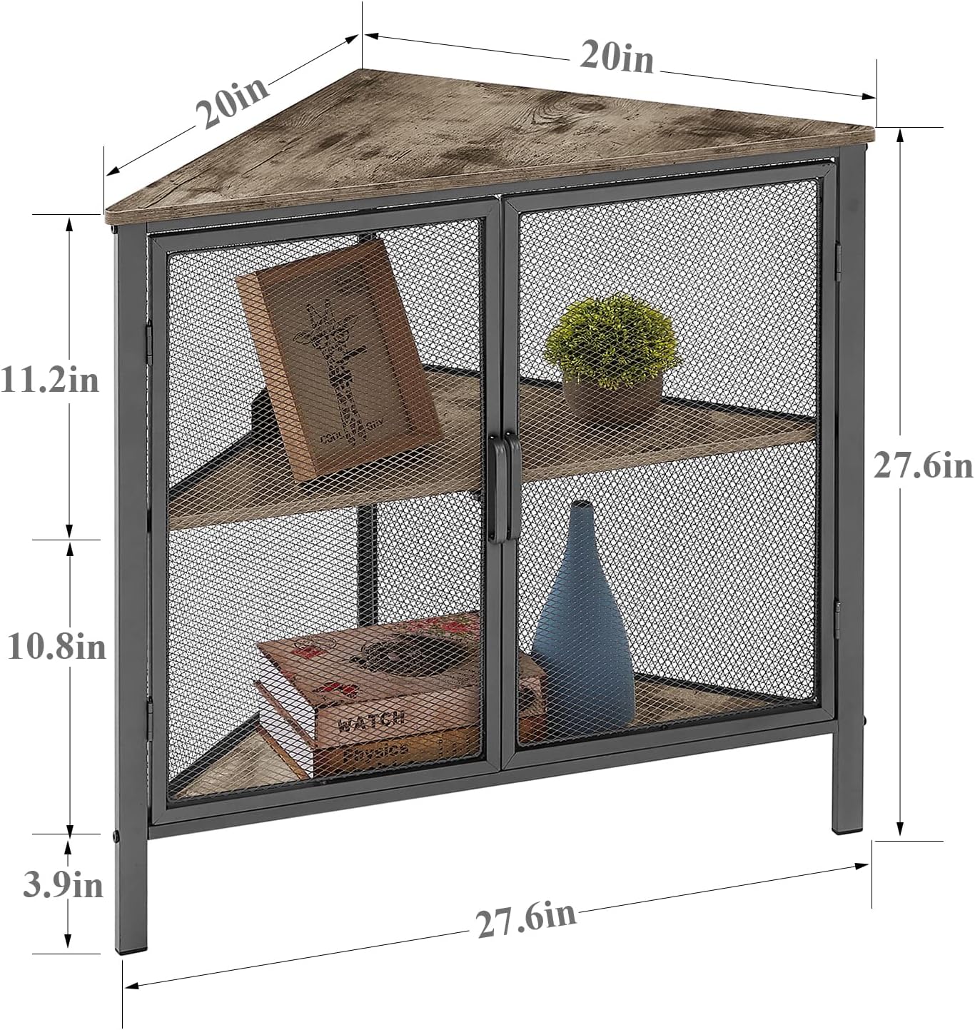 VECELO Corner Cabinet/Table, 3-Tier Shelves with Protection Door, Metal Frame Storage Shelf Organizer for Small Space, Living Room, Kitchen, Bathroom, Set of 1, Grey