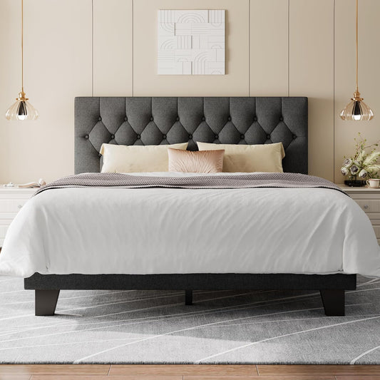 Feonase Full Size Platform Bed Frame with Button Tufted Headboard, Upholstered Linen Bed with Wooden Slats Support, No Box Spring Needed, Easy Assembly, Noise-Free, Dark Grey