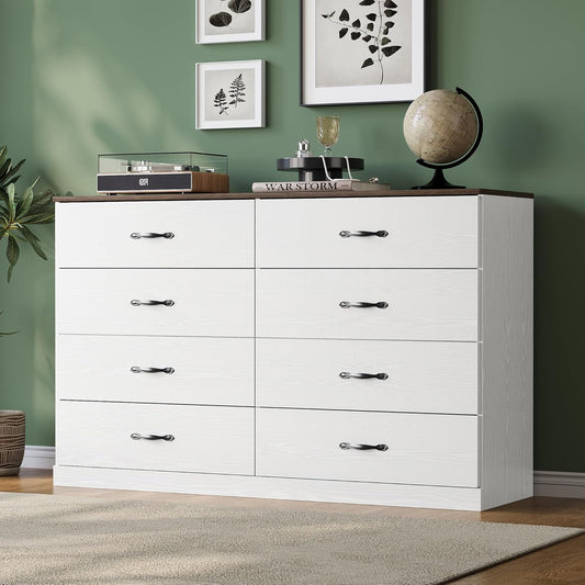 LINSY HOME 8 Drawer Dresser for Bedroom, 54" Wide Chest of Drawers, Modern TV Stand Dressers with Wood Frame and Metal Handles, Large Drawer Organizer for Bedroom, Living Room, White