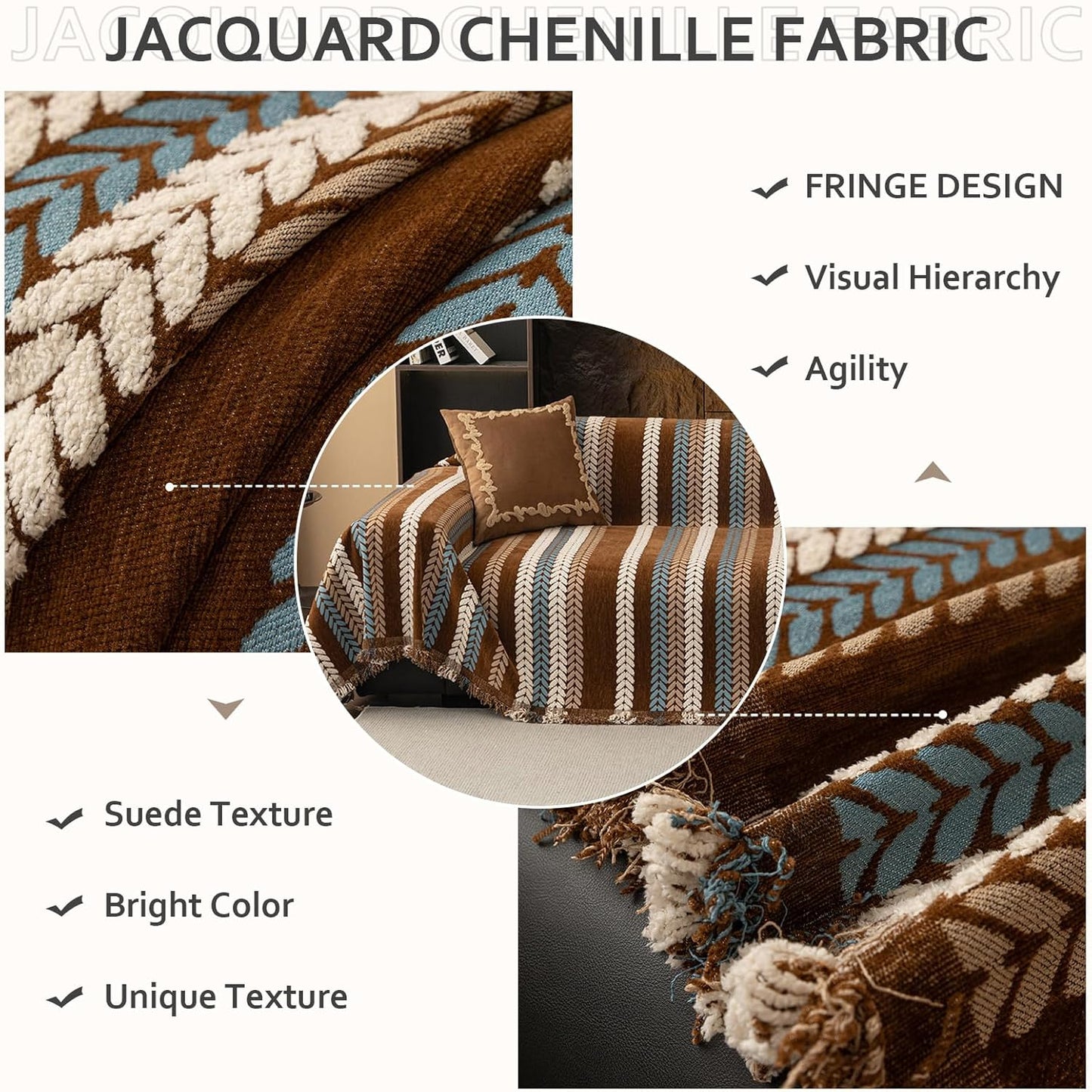 STACYPIK Khaki Jacquard Leaves Sofa Cover, Vintage Couch Cover for Dogs, Washable Pet Protector for 3 Cushion Couch, Non-slip Chenille Sofa Covers for Loveseat, Boho Couch Cover for Sectional-71X150IN