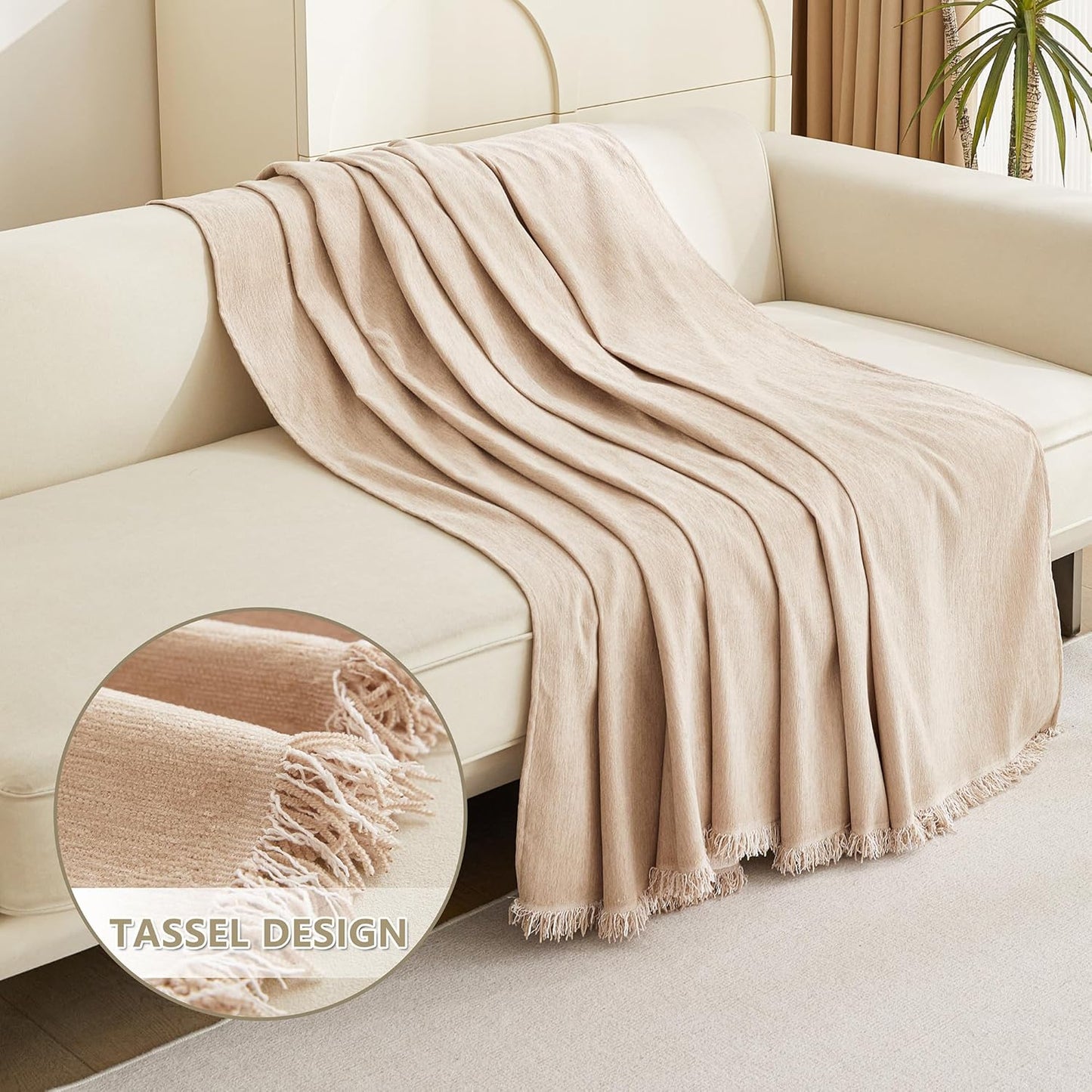 MYSKY HOME Couch Cover 3 Cushion Sofa with Tassel Chenille Sofa Covers Couch Covers for 3 Cushion Couch Sofa Slipcovers for Sectional l Shaped Couch Dogs Protector Furniture Covers, 91" X150", Khaki