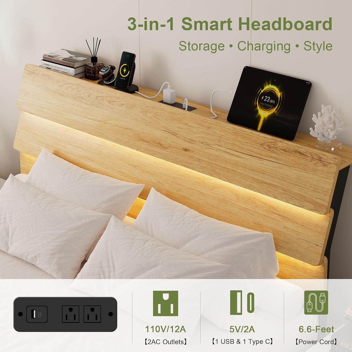 Feonase Floating Bed Frame Queen with Led Lights and Charging Station, Wood Full Size Bed Frame with Storage Headboard, Heavy Duty Metal Slats, No Box Spring Needed, Easy Assembly,Oak