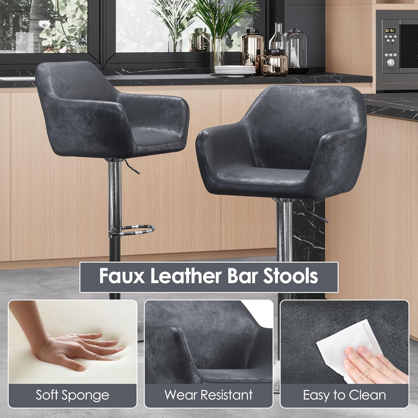 Keyluv Bar Stools Set of 2 for Kitchen Counter Adjustable Height Swivel Barstools 29 Inch Faux Leather Bar Chairs with Padded Back and Chromed Metal Base, Retro Black