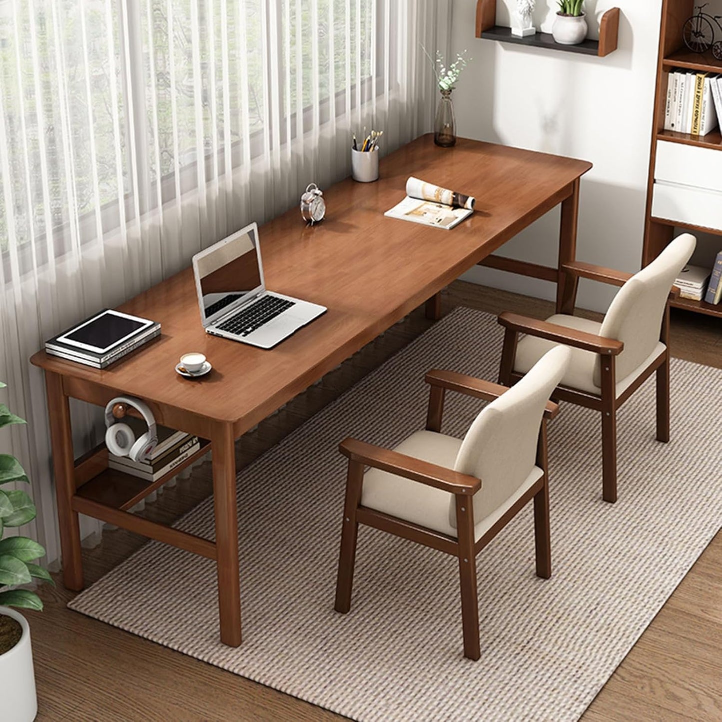 Solid Wood Long Desk 63 inch Home Office Work Desk, 2-Person Simple Writing Desk Table Computer Workstation with Storage Shelf for Living Room, Study Room, Bedroom, Walnut