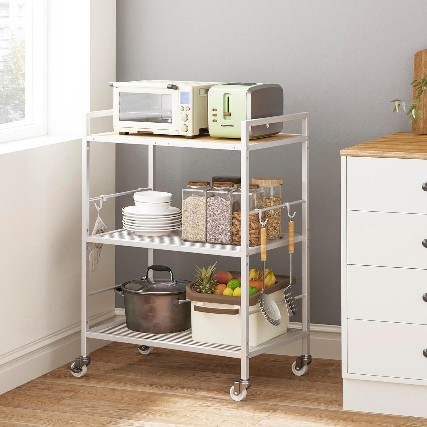 3-Tier Metal Storage Rack with Industrial Wheels,Mesh Shelving Unit with Wooden Table top,Adjustable Shelf,23.6-Inch Width,15.8-Inch Depth, for Kitchen, Laundry,Pantry,Plant,white
