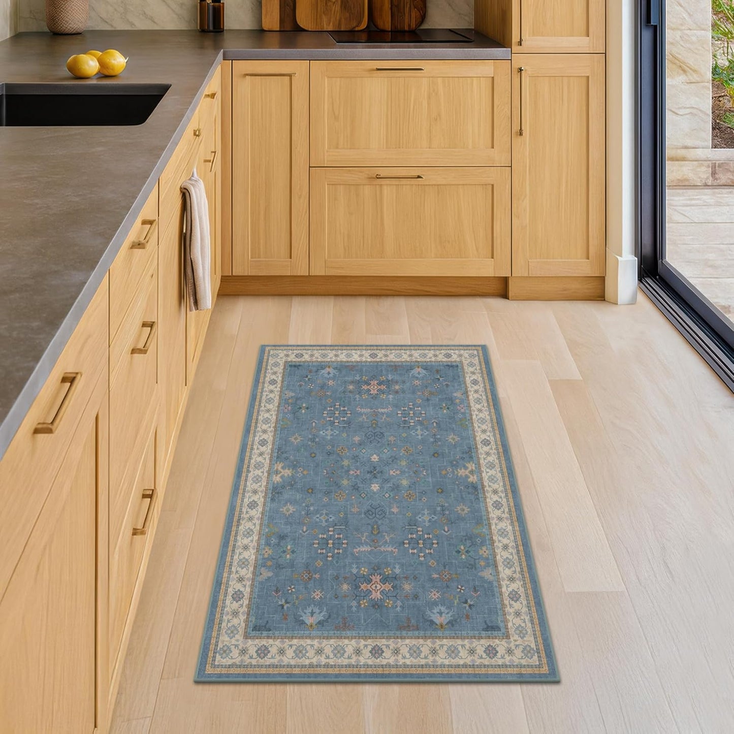 Blue 2x4 Runner Rug for Entryway Indoor, Kitchen Floor Waterproof, Bathroom, Powder Room, Washable Non Slip Low Pile Stain & Fade Resistant, Modern Eclectic Floral Decor