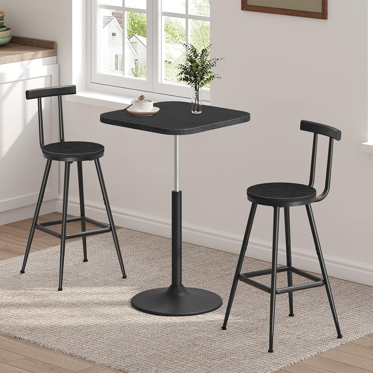 Bar Stools, Set of 2 Bar Chairs with Backrest and Footrest, 26" Tall Counter Stools, Metal Frame, Adjustable Feet, Easy Assembly, for Kitchen, Living Room, Pub, Black BAHB6001