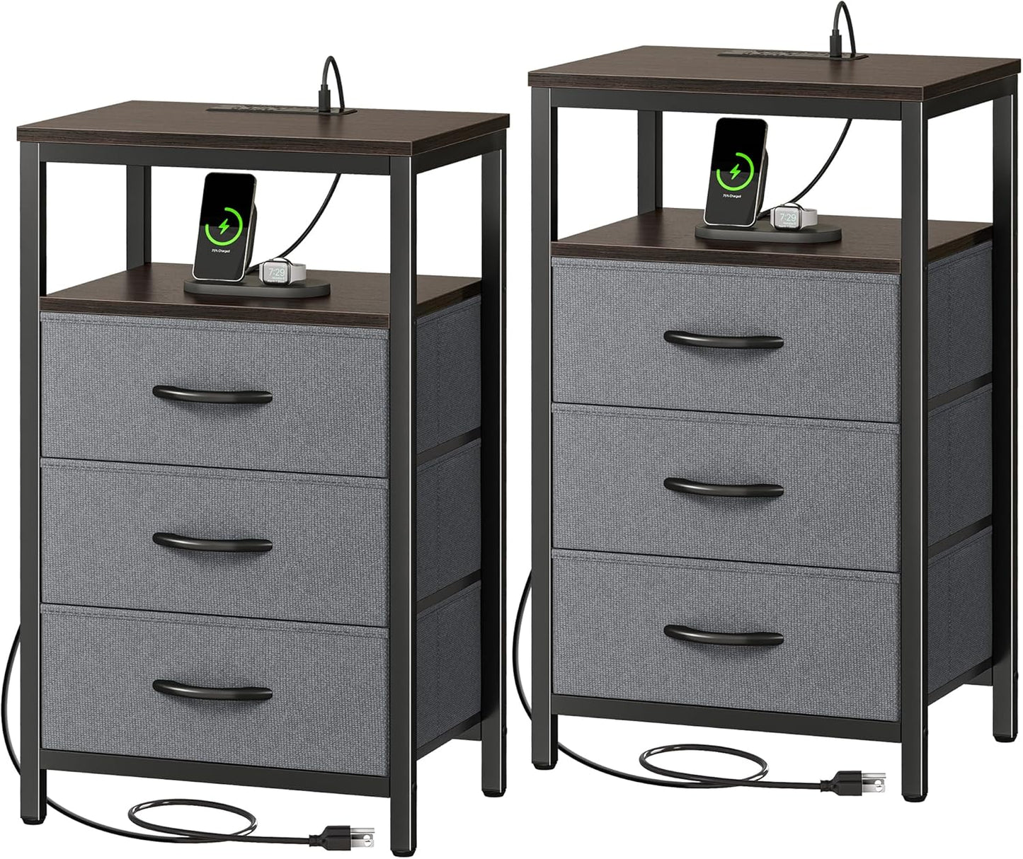 Huuger Nightstands Set of 2, 27.6 Inch End Tables with Charging Station, Fabric Drawers, Bedside Tables with USB Port and Outlet, Night Stands for Bedroom, Walnut