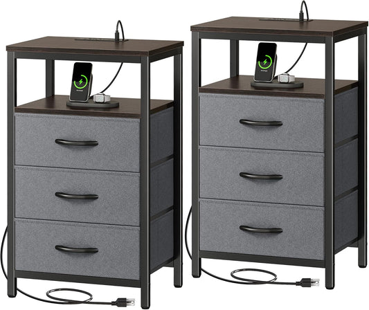 Huuger Nightstands Set of 2, 27.6 Inch End Tables with Charging Station, Fabric Drawers, Bedside Tables with USB Port and Outlet, Night Stands for Bedroom, Walnut