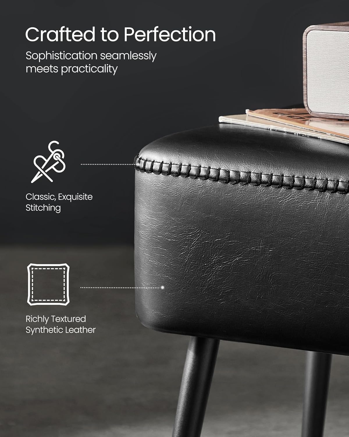 VASAGLE EKHO Collection - Bench for Entryway Bedroom, Synthetic Leather with Stitching, Ottoman Bench with Steel Legs, Living Dining Room, Mid-Century Modern, Loads 660 lb, Ink Black ULOM076B01