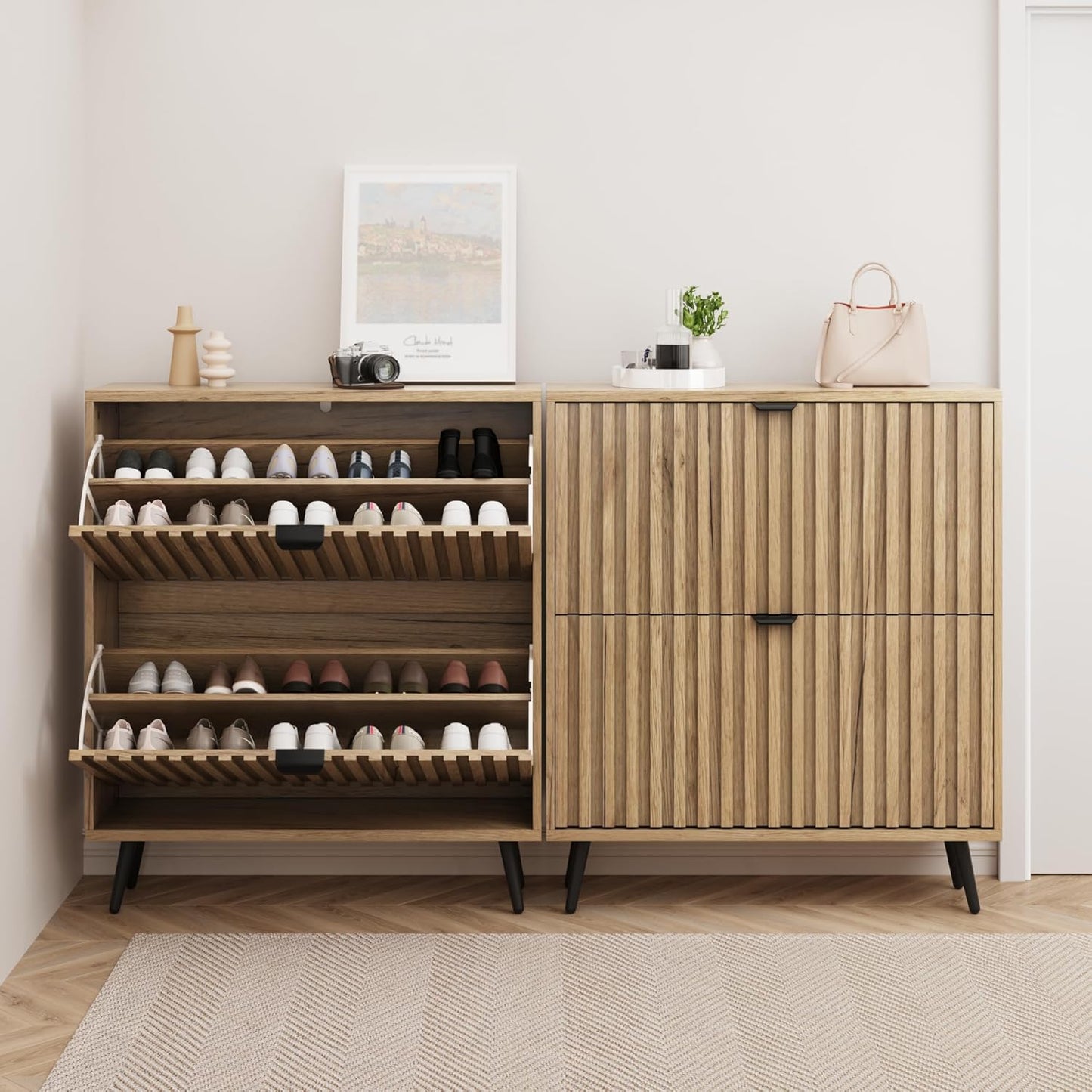 Smuxee Shoe Cabinet with 2 Flip Drawers, 31.5" Natural Hidden Shoe Storage Cabinet with Fluted Design, Freestanding Shoe Organizer Cabinet for Entryway, Hallway, Closet, Living Room