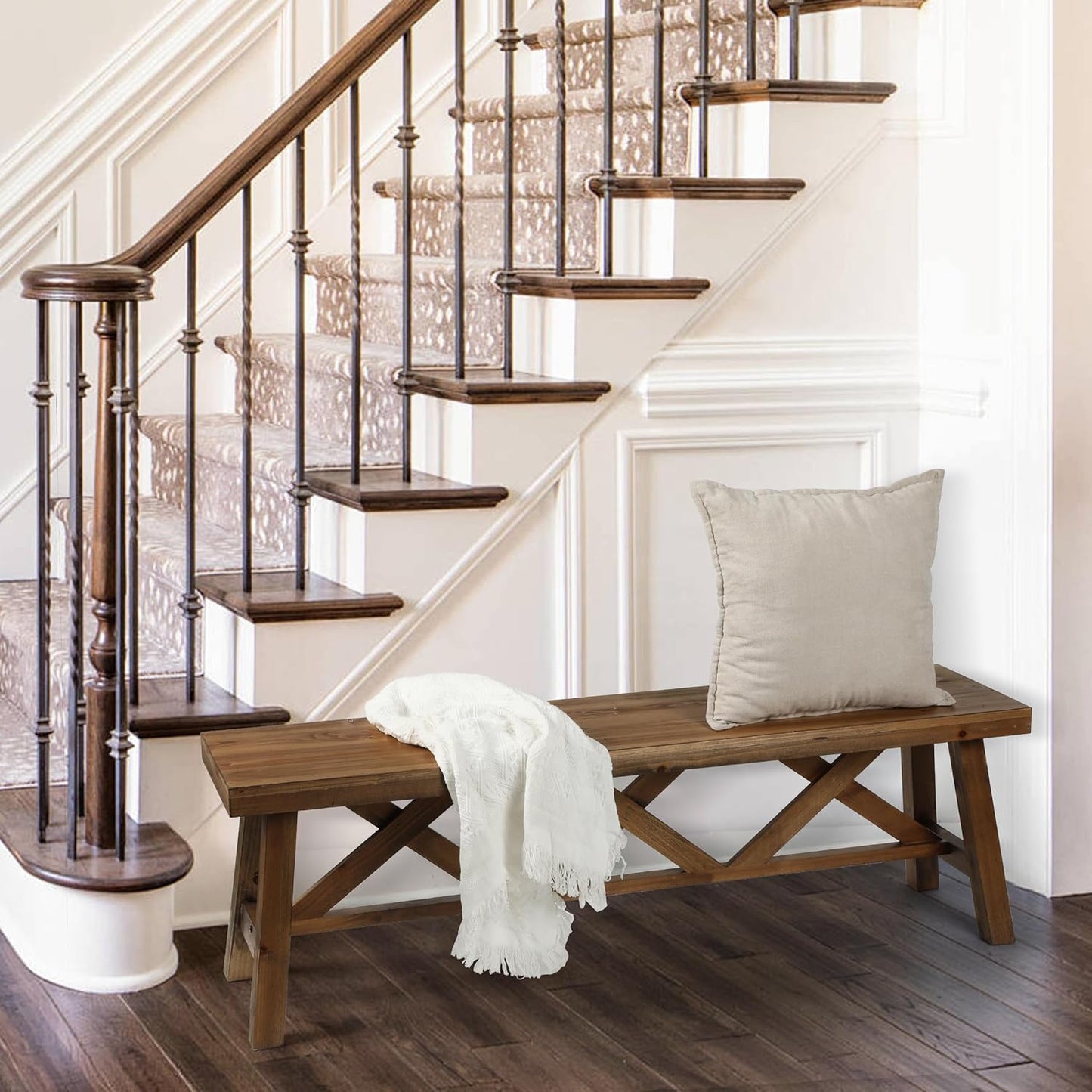 Wnutrees 54" Farmhouse Wood Bench, Rustic Solid Wood Entryway Bench Seat with Double X-Structure for Dining Room, Living Room, Hallway, Structural Stability, Natural