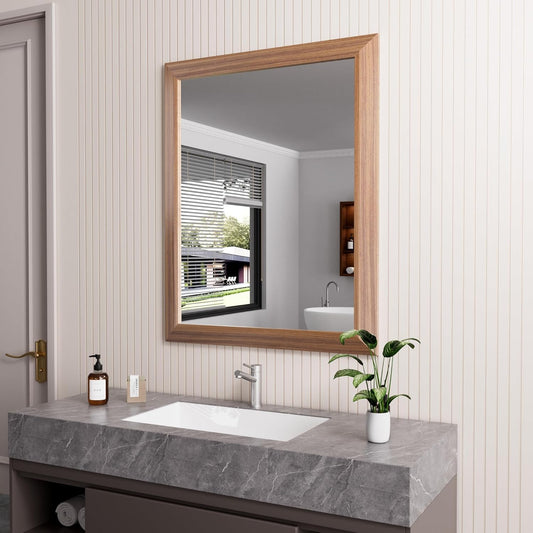 Amorho Bathroom Mirror, 24x30 Inch Wall Mirror, Walnut Wood Grain Metal Framed, Anti-Rust, Hang Horizontally/Vertically, Suitable for Bedroom, Farmhouse, Bathroom, Decorative