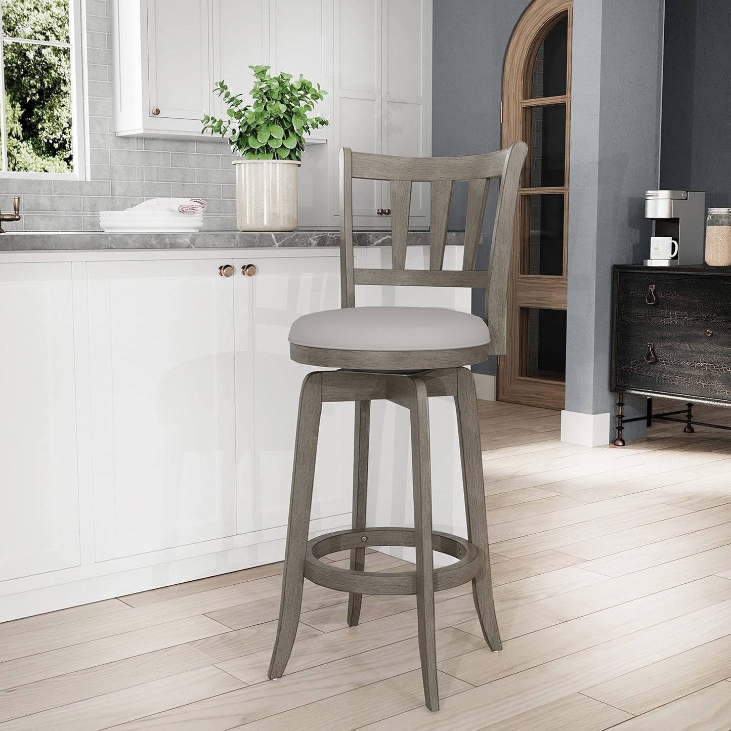 Hillsdale, Presque Isle Wood Bar Height Swivel Stool, 19"D x 17.5"W x 43.5"H, Aged Gray