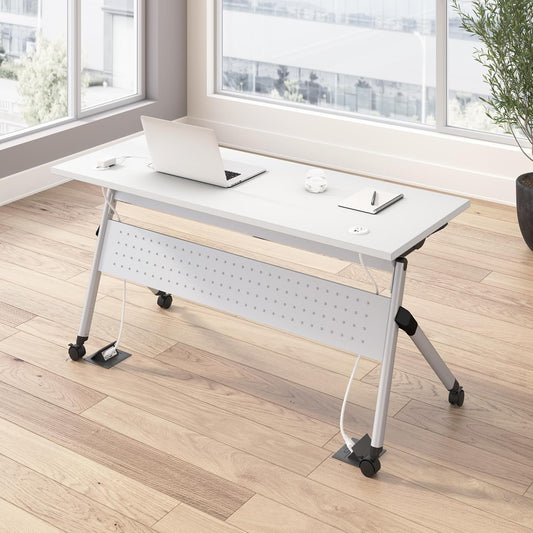 Bush Business Furniture Folding Training Table, 60 inch Desk with Powered Grommets, Commercial-Grade Bundle for Office or Classroom, Envision Collection, White