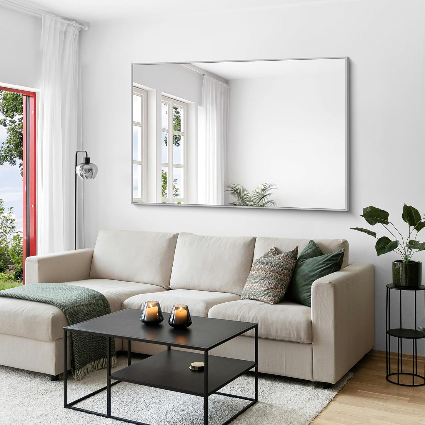 KOCUUY Large Silver Bathroom Mirror, 60x40 inch Rectangular Mirror for Bathroom Sink, Oversized Mirror with Metal Brushed Nickel Frame for Living Room, Farmhouse, Entryway, Hang Horizontal/Vertical