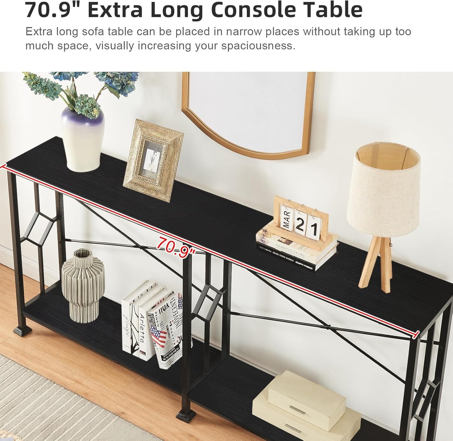 HOMISSUE Long Entryway Console Table, 70.9" Industrial Narrow Sofa Tables Behind Couch with 2 Tier Storage Shelf for Hallway, Living Room, Black