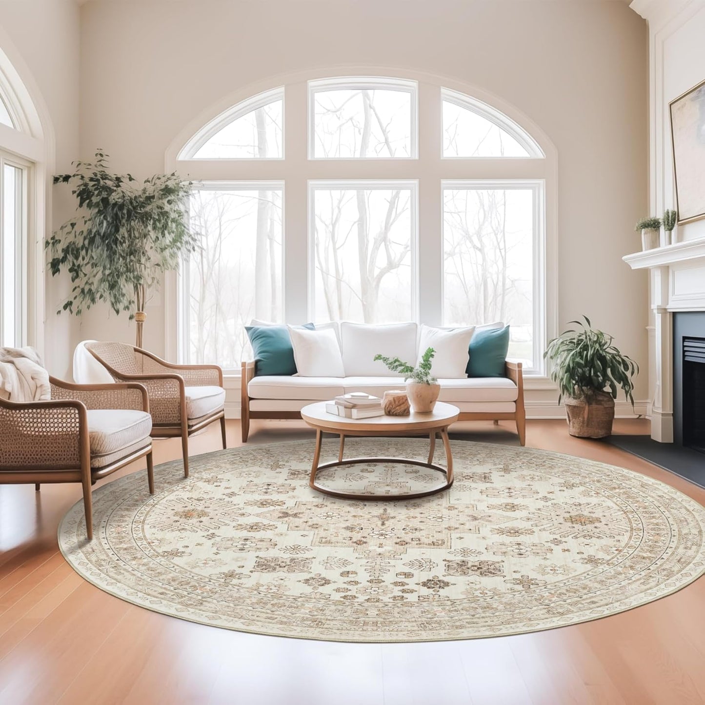 zesthome 8ft Round Rugs for Living Room, Non-Slip Washable Round Area Rugs, Ultra-Thin Large Circle Rugs, Soft Low Pile Rug for Bedroom, Kitchen - Vintage Stain Resistant Round Rug (Cream/Beige,8'x8')