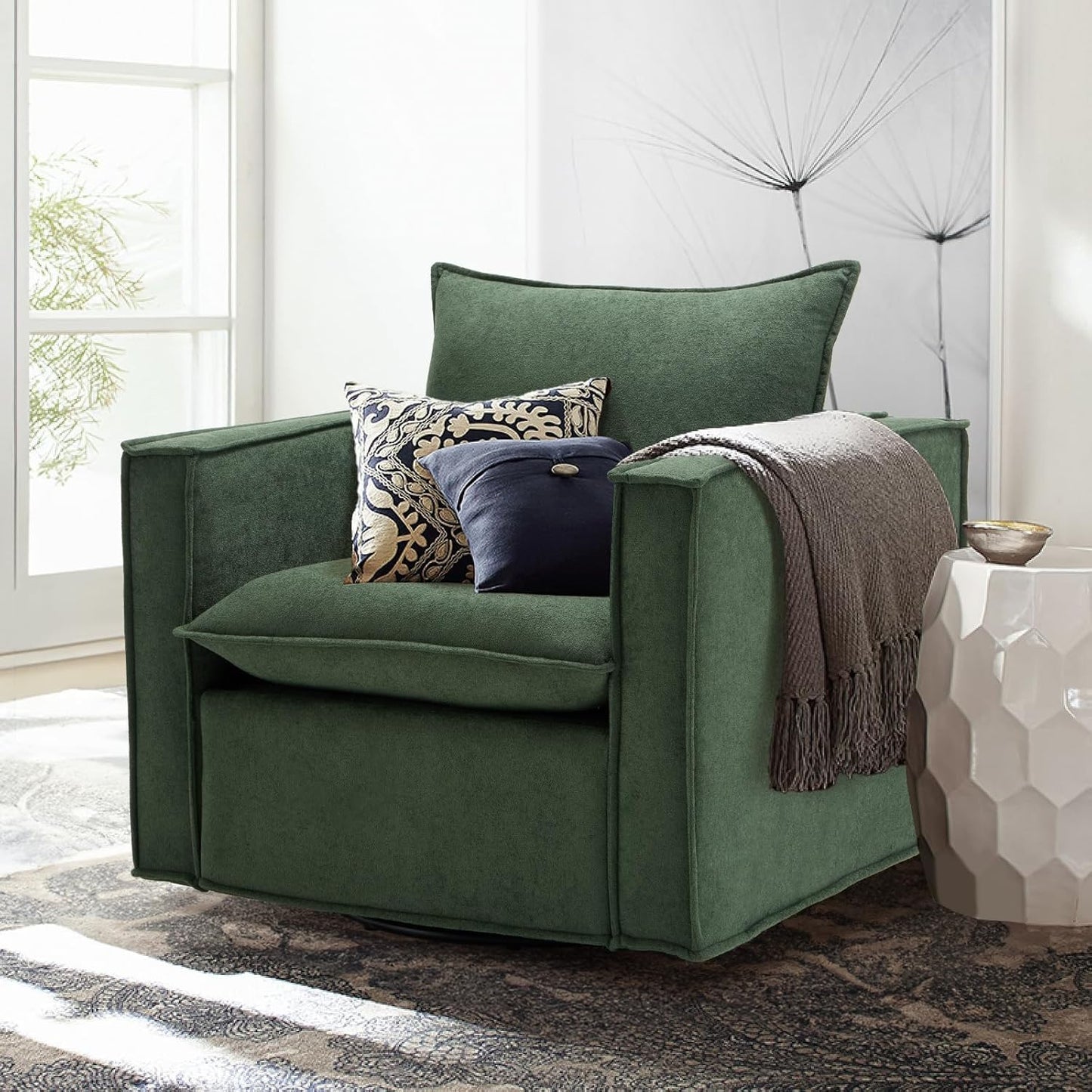 COLAMY Swivel Accent Chair Set of 2, Wide Upholstered 34in Living Room Chairs with Pillow Modern Comfy ArmChair Bedroom Reading Room Chair Sofa,Green