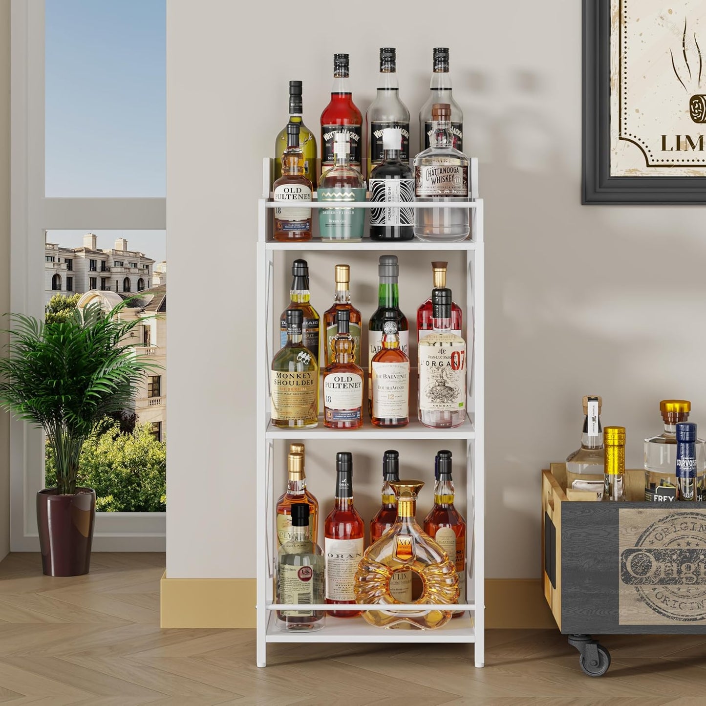 KLM Liquor Bottle Display Shelf, Liquor Cabinet bar for Home, 4 Step Liquor cabinetck, Mini bar,Liquor Cabinet, Home Retro Bar Shelf Stand for Liquor Whiskey, Spirits (White)