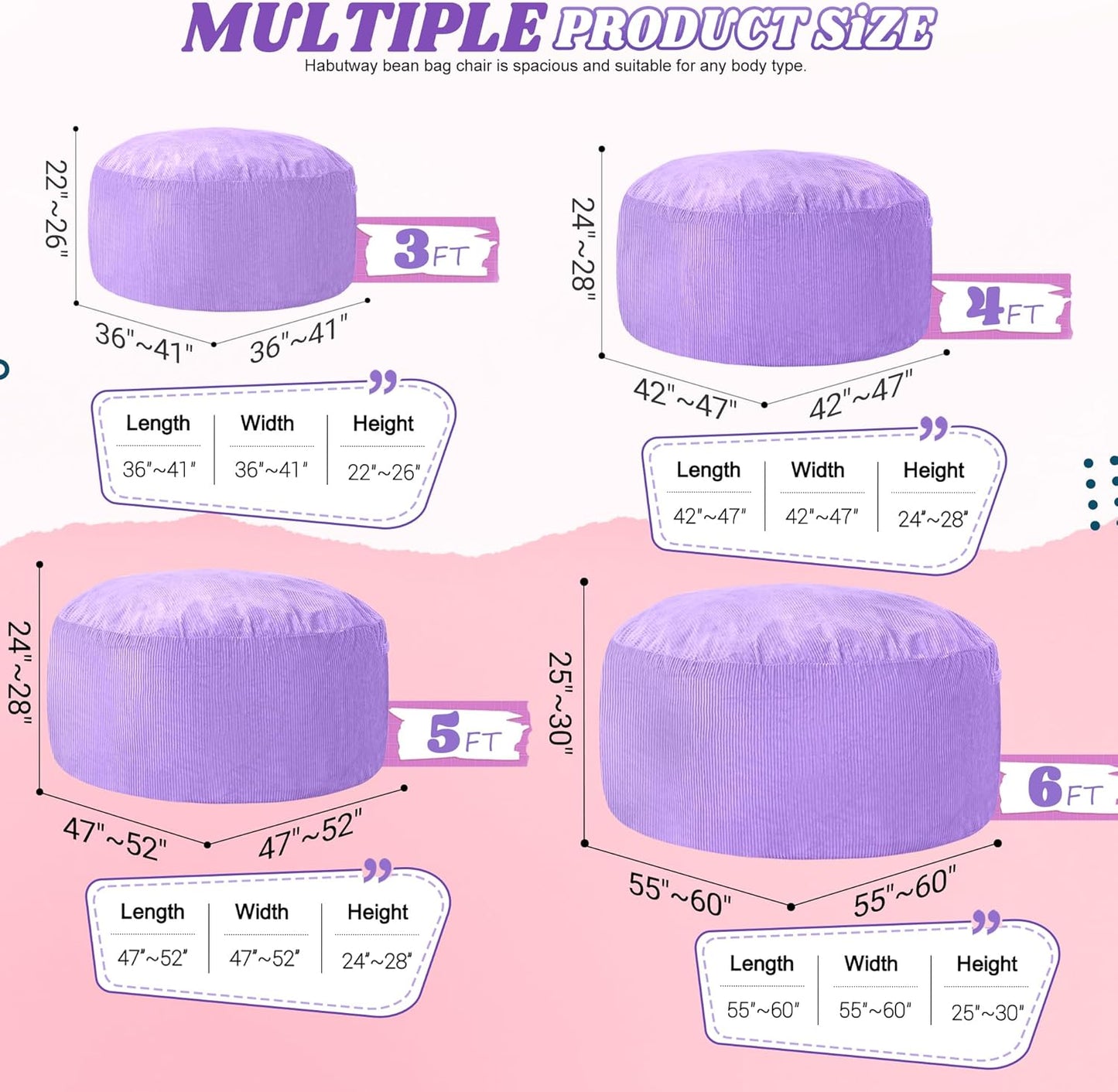 HABUTWAY 3FT Bean Bag Chair,Giant Bean Bag Chairs for Adults,Big Bean Bags with Memory Foam Filled, Large Beanbag Chairs with Soft Corduroy Cover-Purple