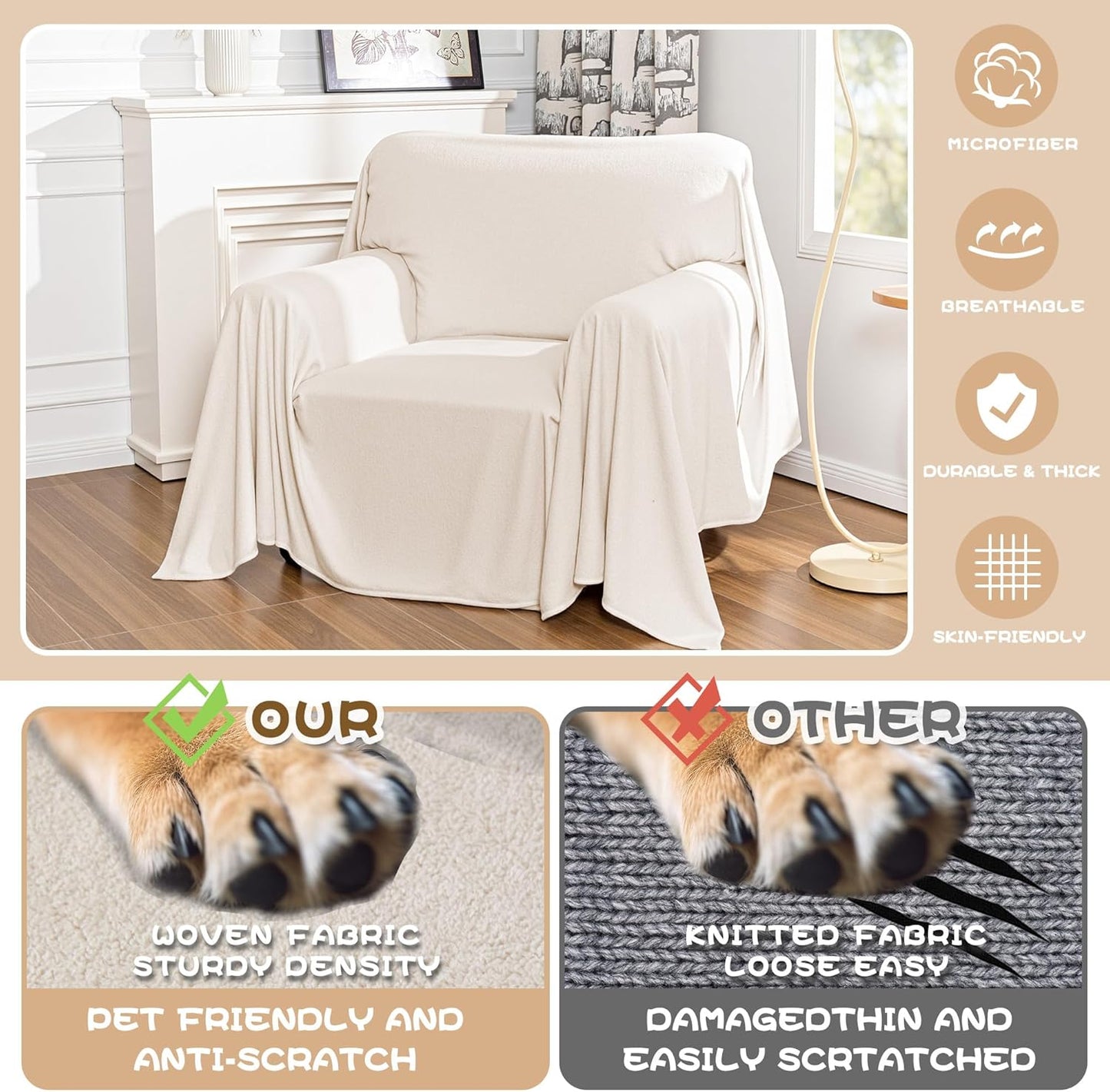 MYSKY HOME White Armchair Couch Cover for Sofa, Couch Covers for Dogs Washable, Couch Cover Blanket Modern Sofa Slipcovers, Super Soft Sofa Furniture Cover for Reclining Couch, 71" x 91"