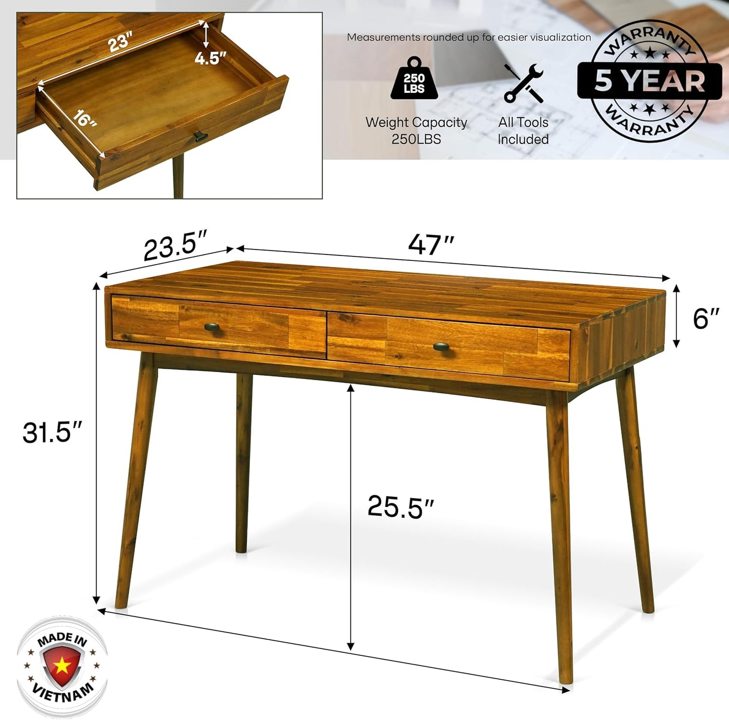 Acacia Lagom 48" Solid Wood Work Desk with Drawers, Office Furniture, Scandinavian Style Work Table for Home Office (Caramel)