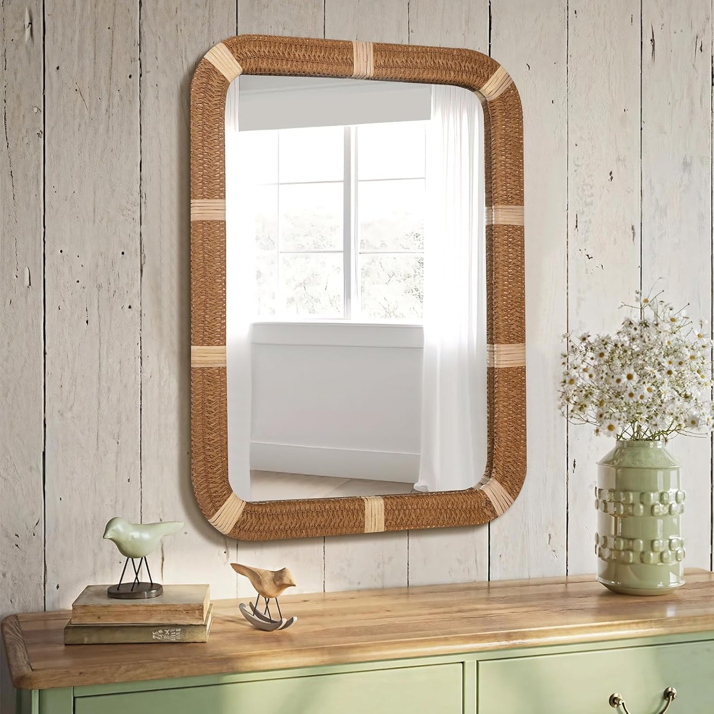ULIKE Rectangle Rattan Wall Mirror, 22x30 Inch Rustic Farmhouse Wall Decor with Wicker Frame, Boho Mirror for Nursery Bathroom Bedroom Living Room Entryway