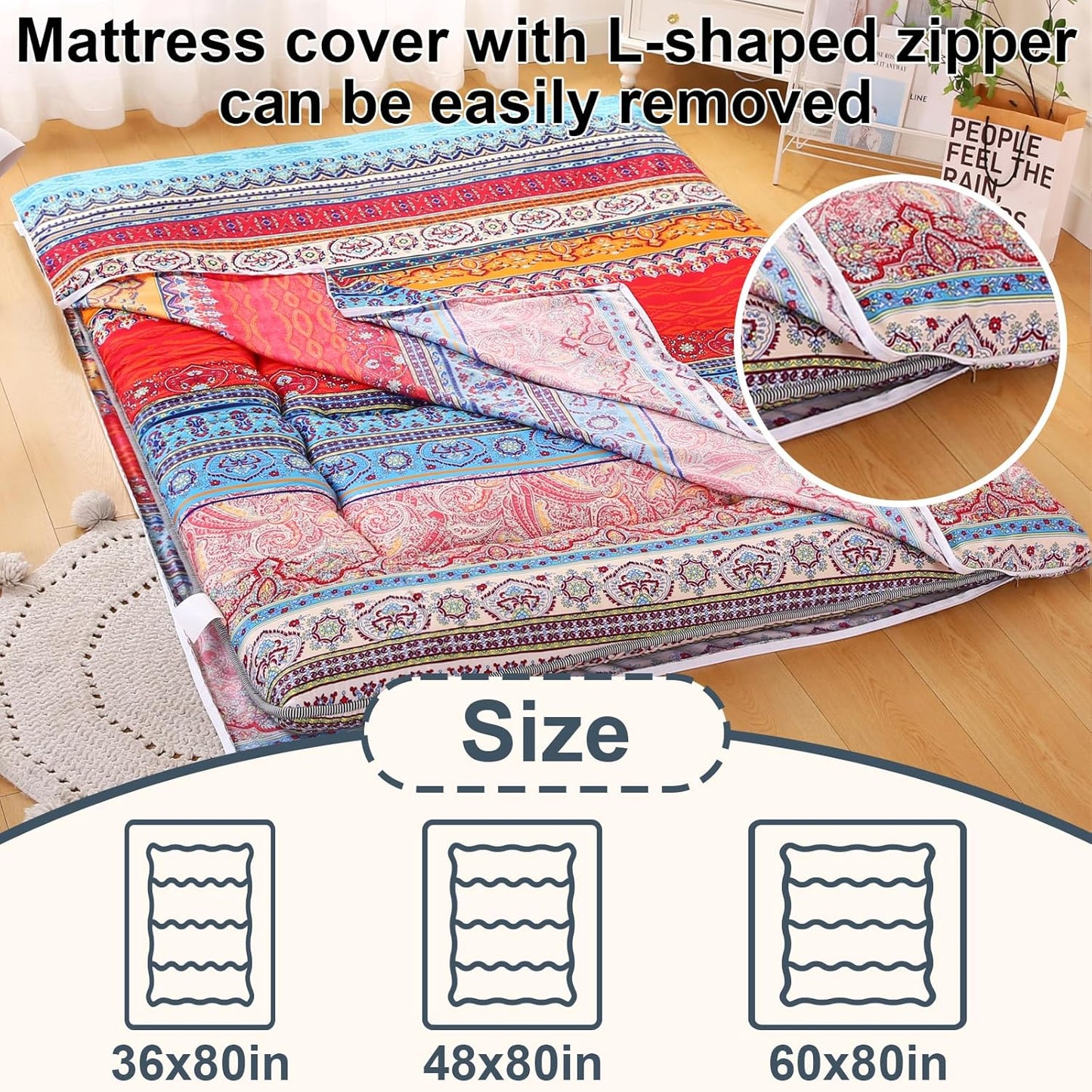 Bohemian Retro Japanese Floor Mattress, Vintage Floral Tatami Floor Mat, Portable Roll up Futon Mattress for Guest,Tavel (C,Twin 80" x 36")