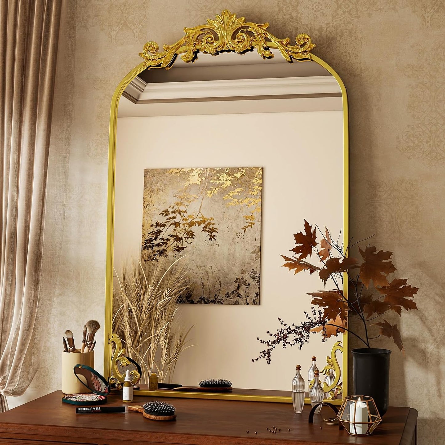 26x38 inch Vintage Arched Bathroom Mirror - Gorgeous Wall Vanity Mirror with Beautiful Retro Top and Bottom Engraving Process Frame for Entryway Hallway Living Room, Gold