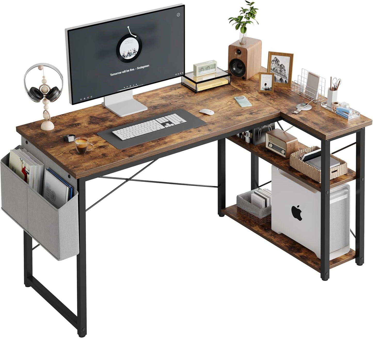 L Shaped Computer Desk with Reversible Shelves, 47 Inch Small Corner Desk with Storage Bag, Gaming Desk Computer Table Study Writing Desk for Home Office Small Space, Rustic Brown