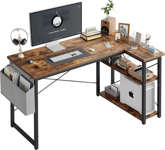 L Shaped Computer Desk with Reversible Shelves, 47 Inch Small Corner Desk with Storage Bag, Gaming Desk Computer Table Study Writing Desk for Home Office Small Space, Rustic Brown