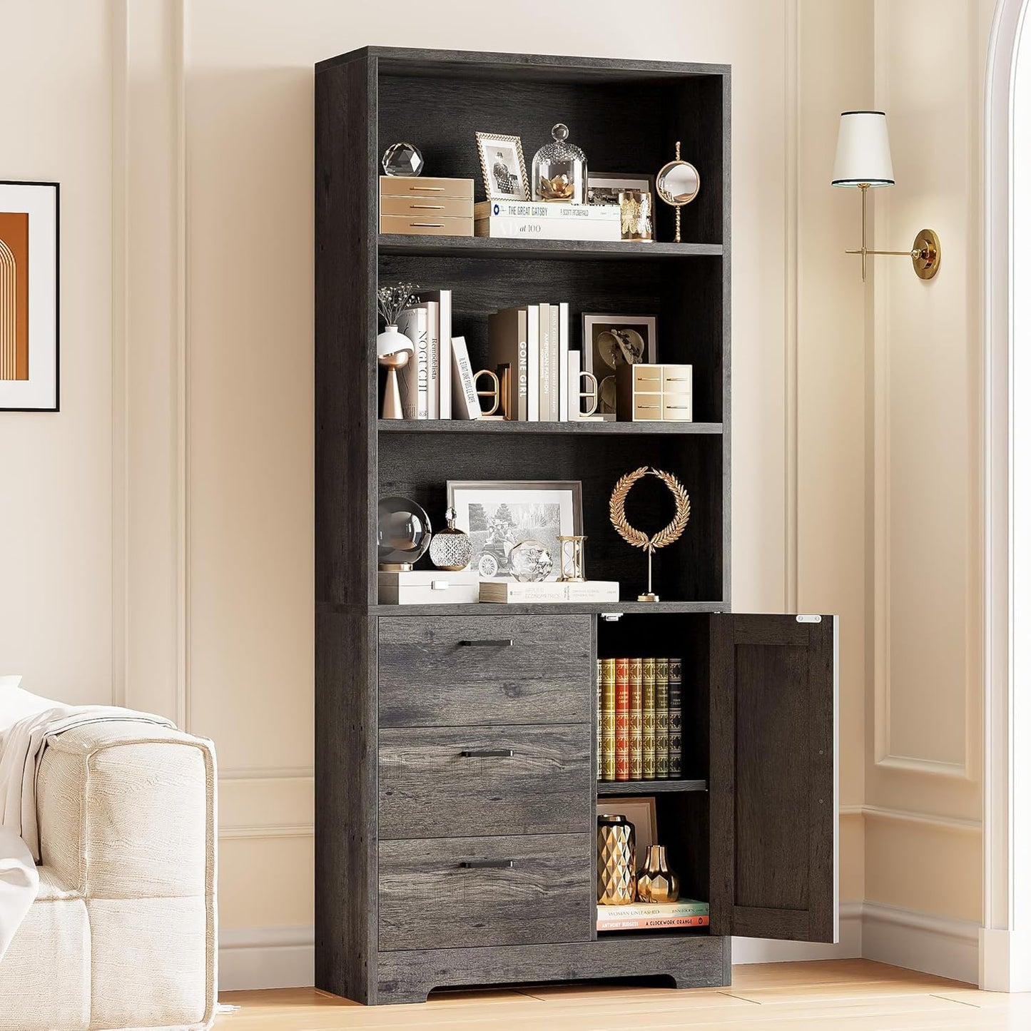 IRONCK Bookshelf with Door and 3 Drawers, 71in Tall Bookcase Shelf with 3-Tier Shelves, for Bedroom Living Room Entrance Hallway Home Office