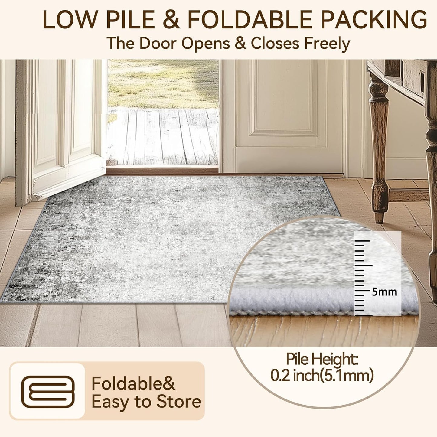 Washable Area Rugs 6ft Non-Slip Modern Abstract Soft for Living Room Entryway Bedroom Nursery, Print Pattern, Gray White Grey