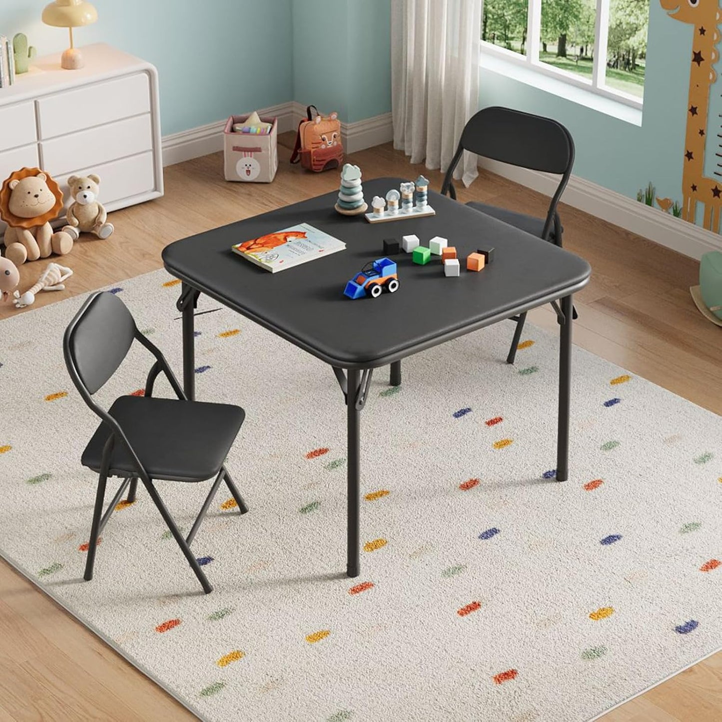 IDEALHOUSE 3 Piece Folding Kids Table and Chairs Set, Children Activity Table and Chairs Set for Dining Room,Daycare,Classrooms
