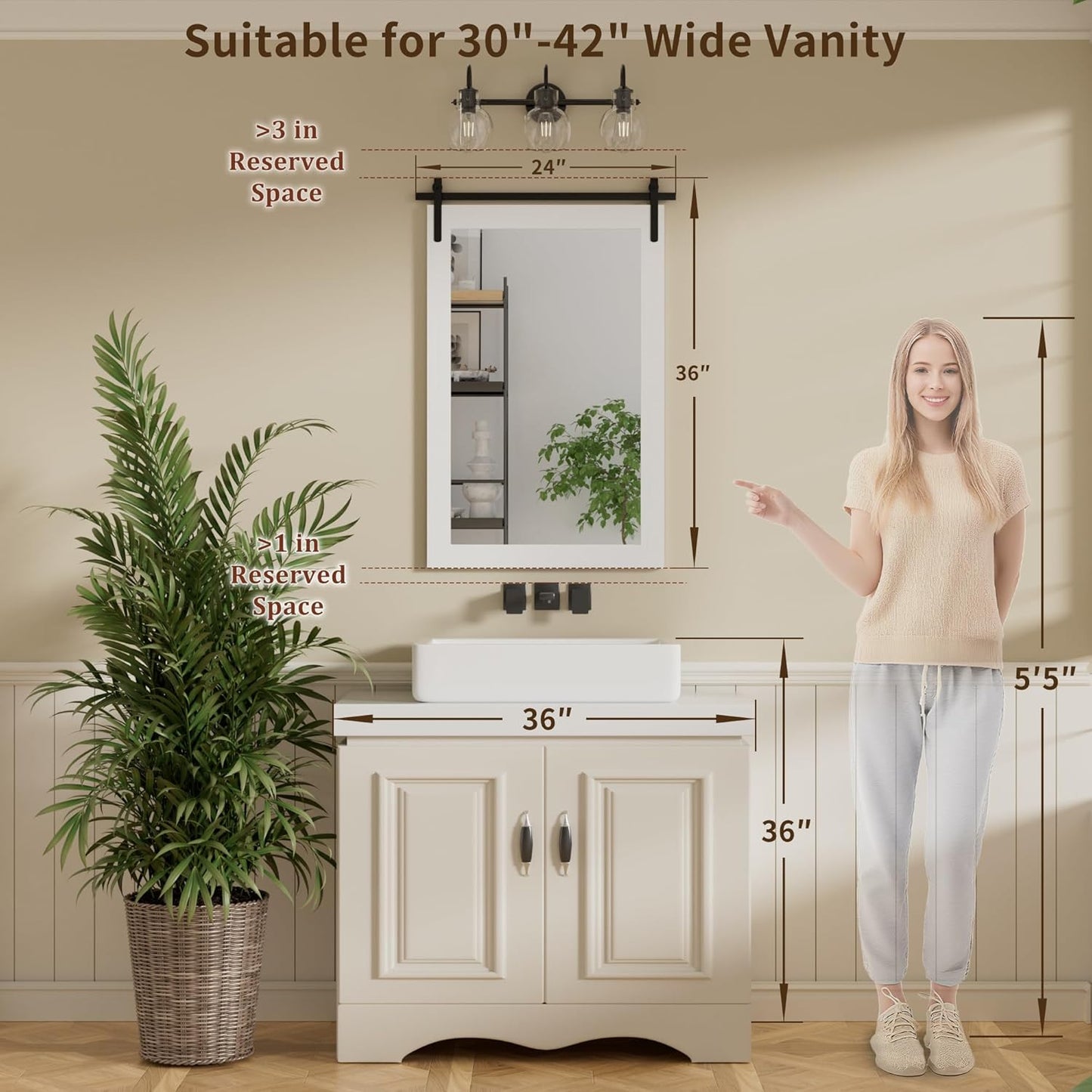 Farmhouse Bathroom Mirror, White Rustic Square Mirror for Wall Wood Framed Vanity Mirrors, Barn Door Style Decor Living Room Entryway Bedroom Mirrors, 24x36INCH (Hanging/Leaning)