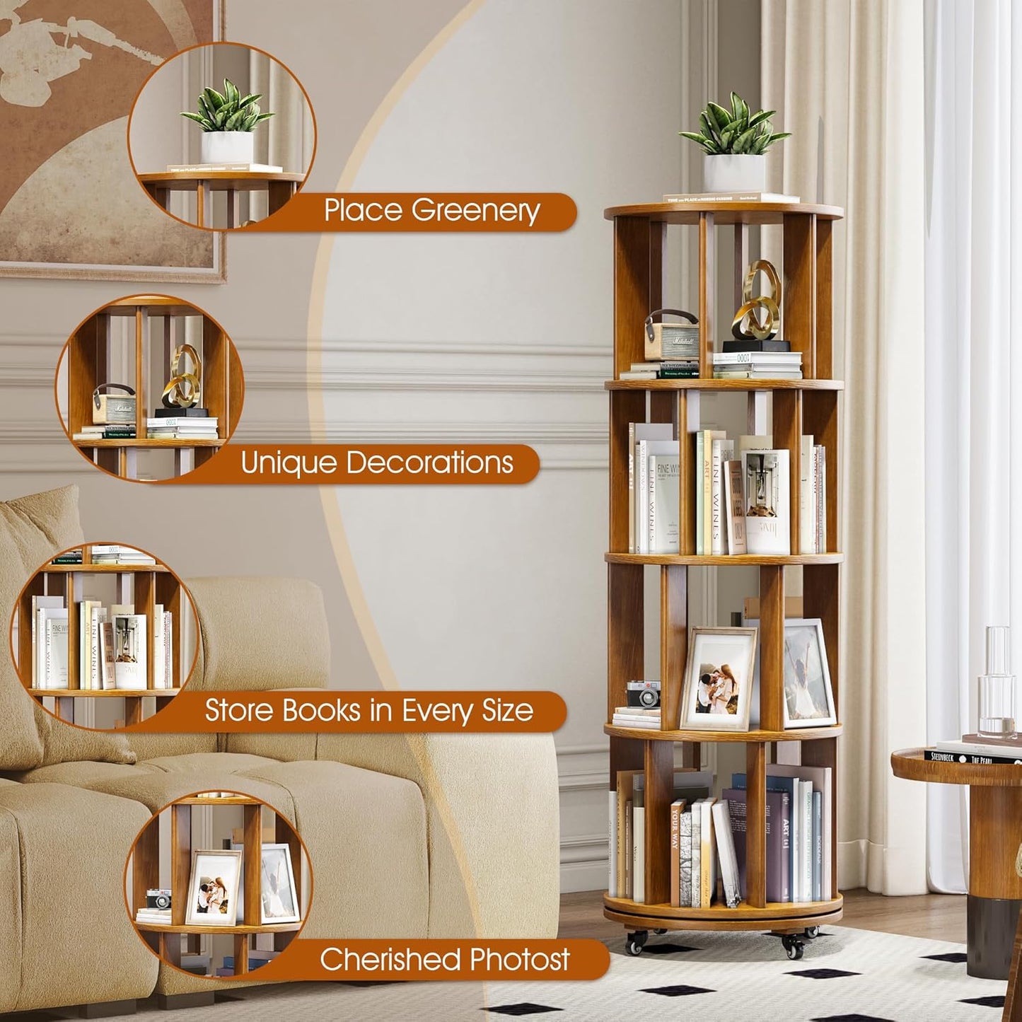 4 Tier Rotating Bookshelf Tower, 360 Spinning Bookcase Carousel with Lockable Wheels, Round Lazy Susan Organizer for Corner Bookshelf, Solid Wood Revolving Bookcase for Kids Room, Bedroom, Living Room