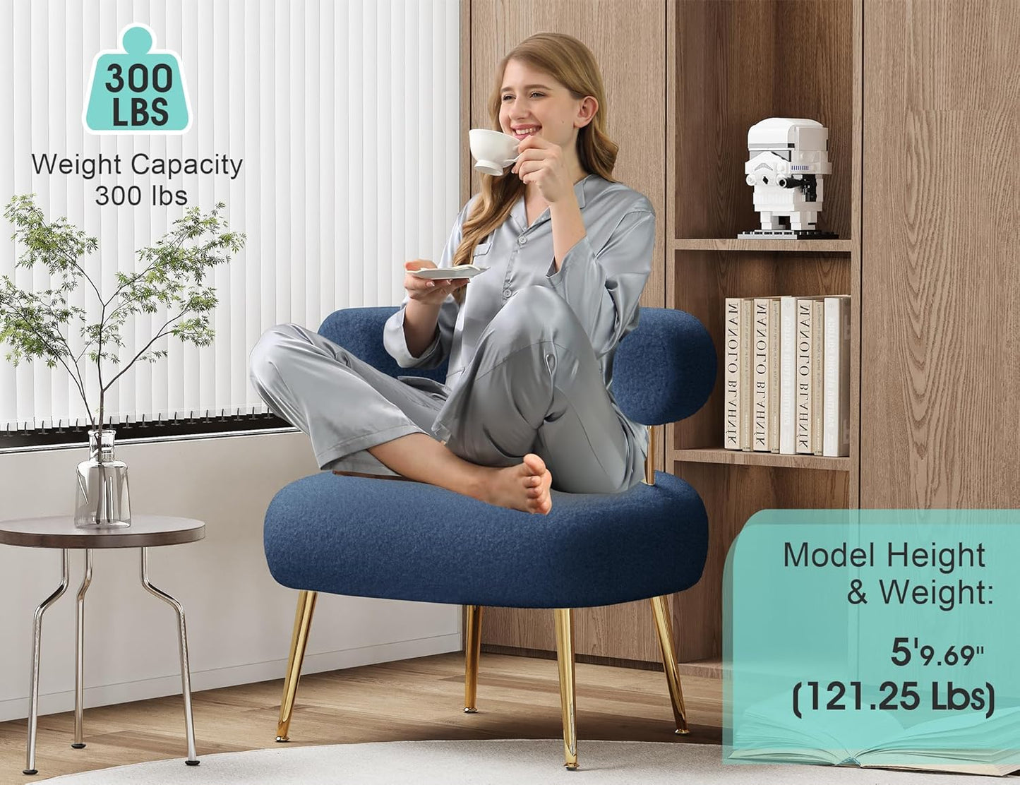 Mid Century Sherpa Boucle Accent Chair, Round Upholstered Barrel Arm Chair for Small Spaces, Fluffy Side Corner Sofa Chair for Living Room, Bedroom, Vanity, Office, Reading Nook(Navy Blue)