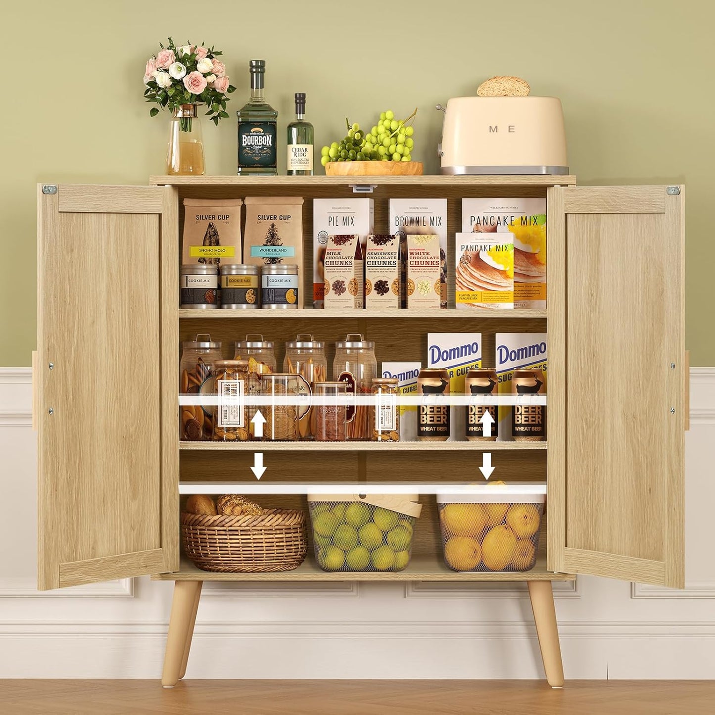 Iwell Storage Cabinet with 2 Shelves, Rattan Cabinet with 2 Doors, Sideboard Buffet Cabinets with Storage for Living Room, Dining Room, Entryway, Natural