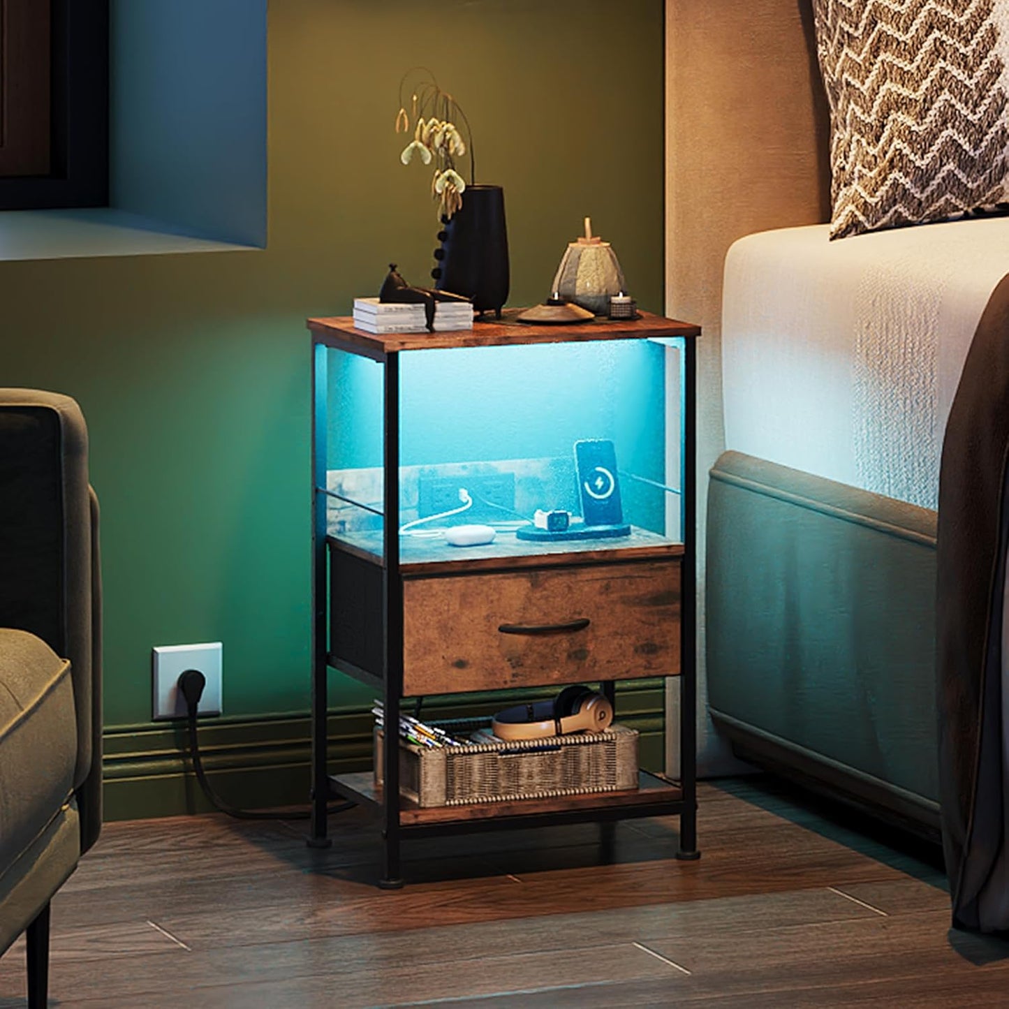 WLIVE Night Stand with Charger Station, LED Nightstand with Adjustable Fabric Drawer, 3-Tier Storage Bedside Table, Small End Side Tables for Bedroom, Rustic Brown