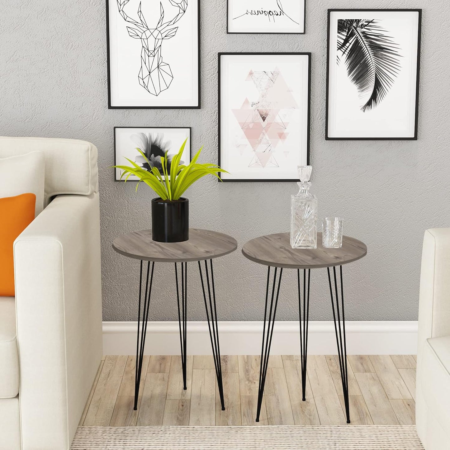 PAK HOME - Set of 2 Pine Wood Grey End Table – Round Wood Sofa Side Coffee Tables for Small Spaces, Nightstand Bedside Table for Bedroom, Living Room, Home Office, Balcony