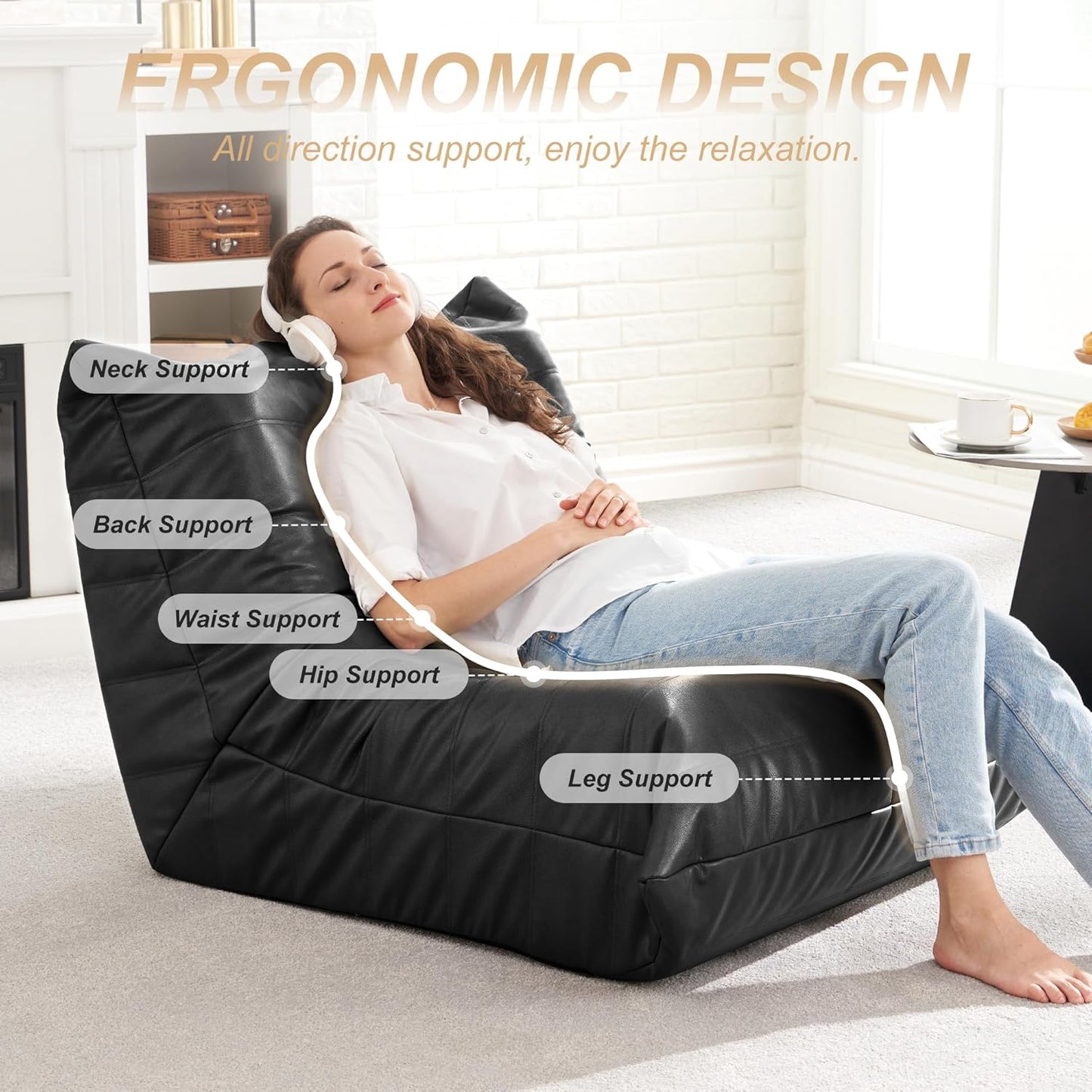 Hobestluk Giant Bean Bag Chair Lazy Floor Sofa, Memory Foam Fireside Sofa for Adults, Big Beanbag Faux Leather Armless Chair for Living Room Bedroom Dorm Office (Black, Single)