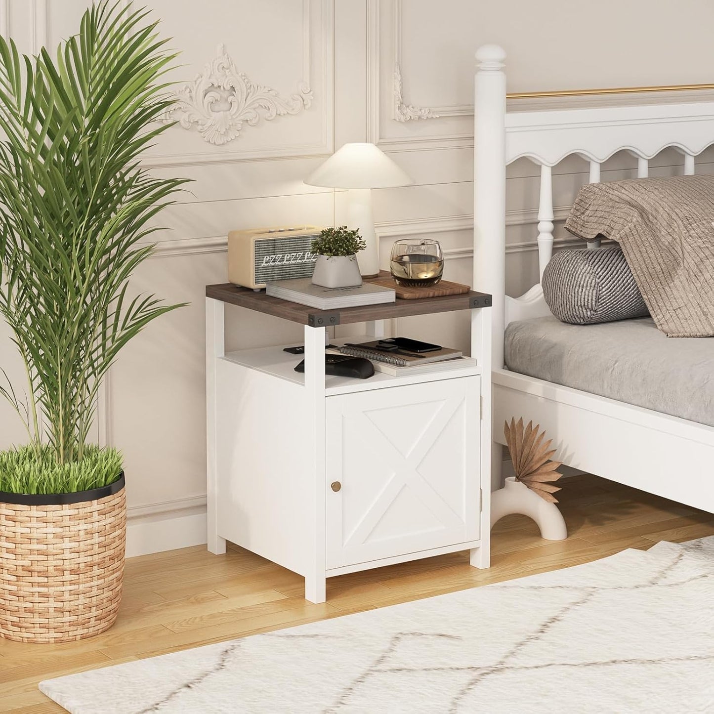 Farmhouse Nightstand Set of 2 with Charging Station, Rustic End Table Bedroom with Storage Living Room Side Table White Night Stand Industrial Bedside Bed Table with USB Ports and Outlets