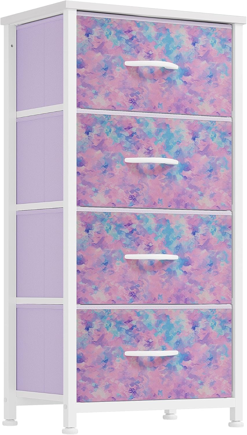 DWVO Dresser with 4 Drawers - Storage Tower Unit, Dresser for Bedroom, Living Room, Closets - Sturdy Steel Frame, Wooden Top & Easy Pull Fabric Bins, Purple